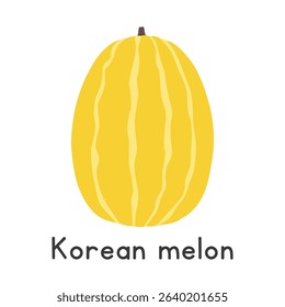 Korean melon flat vector illustration. Yellow Korean melon or chamoe with light yellow stripes cartoon clipart style isolated on white background. Melon and Gourd concept
