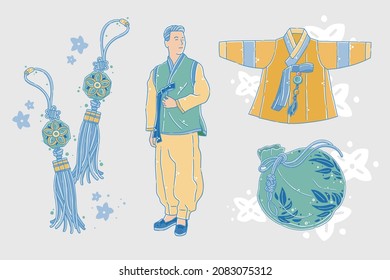 Korean men's traditional clothing, accessories, wallets, male clothing, vector character illustration