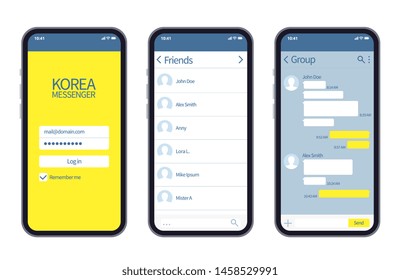 Korean messenger. Kakao talk interface with chat boxes, contact list and icons vector message template. Illustration of kakao app interface mobile