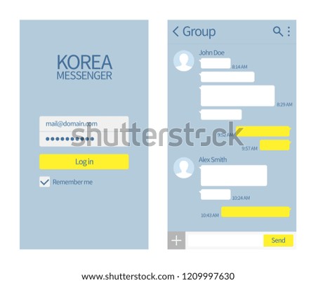 Korean messenger. Kakao talk interface with chat boxes and icons vector message template Stock photo © 