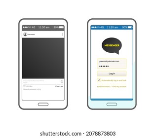 Korean messenger vector, interface on smartphone. Isolated flat style, international communication, photograph with hashtags