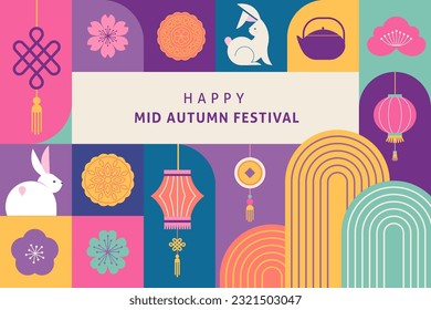 Korean Mid Autumn Festival - Chuseok. Mooncakes, bunnies rainbows and flowers. Flat geometric style background and poster. Vector design