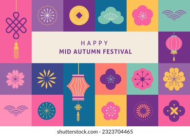 Korean Mid Autumn Festival - Chuseok. Mooncakes, lanterns and flowers, flat geometric style background and poster. Vector design