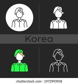 Korean military dark theme icon. Armed force. Soldier in uniform. Service duty. Guard officer. Korean culture. Linear white, simple glyph and RGB color styles. Isolated vector illustrations