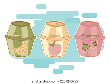 Korean milk set 3 flavors sticker sheet. Asian food, asian milk drink, milkshake, milk dessert drink. Banana, peach, strawberry.
