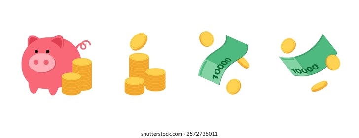 Korean money, banknotes, sales, points, reserves, 10,000 won, bank, year-end settlement, piggy bank, coins, money illustration