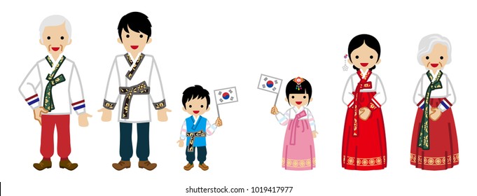 Korean Multi-Generation Family Wearing Traditional clothing,Kids holding a National flag