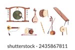 Korean musical instruments. Traditional music instrument of Korea, piping instrumentation for festival performance, chinese loquat samulnori drum gong, classy vector illustration of korea musical