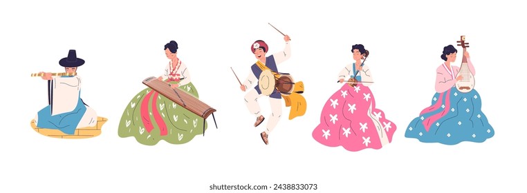 Korean musicians. Musician of Korea, asian people in traditional hanbok clothes man with music instruments gayageum drum tradition performance concert, classy vector illustration of musician korea