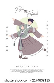 Korean Muslim couple illustration wearing traditional brown dress