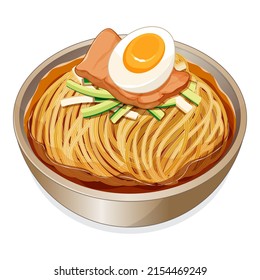 Korean naengmyeon noodles (Korean cold noodle soup)
topped with sliced cucumbers, pickled radishes, boiled beef and boiled egg illustration vector.