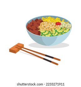 Korean national cuisine. Kuksi. Noodles, vegetables, meat, cold broth.