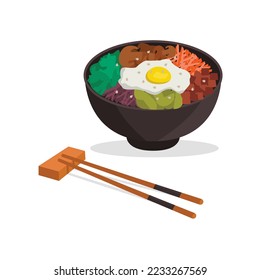 Korean national cuisine. Pibimpap. Rice, vegetables, meat, egg, sesame.