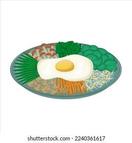 Korean national dish is bibimbap. Mushrooms, carrots, cucumbers, eggs, sprouts, onions.  Traditional Asian dish. Vector illustration. Cartoon.
