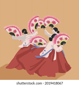 Baile de fans nacionales coreanos. El traje nacional de corea del sur, hanbok. Cultura asiática. Ventilador con plumas