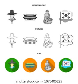 Korean in national headdress, Korean monastery, Buddha figurine, national flag. South Korea set collection icons in flat,outline,monochrome style vector symbol stock illustration web.