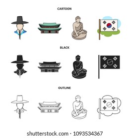 Korean in national headdress, Korean monastery, Buddha figurine, national flag. South Korea set collection icons in cartoon,black,outline style vector symbol stock illustration web.