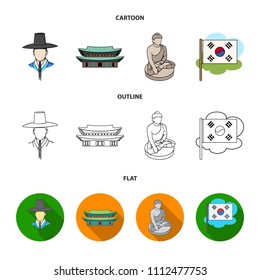 Korean in national headdress, Korean monastery, Buddha figurine, national flag. South Korea set collection icons in cartoon,outline,flat style vector symbol stock illustration web.