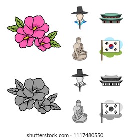 Korean in national headdress, Korean monastery, Buddha figurine, national flag. South Korea set collection icons in cartoon,monochrome style vector symbol stock illustration web.