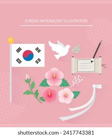 Korean National Holiday clipart illustration. Taegeukgi, Rose of Sharon, brush, etc.