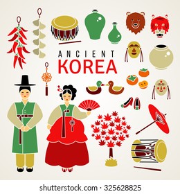 Korean national symbols. Set of flat icons. Culture experience concept. Traditional food and clothes, nature and handcraft, etc. Isolated elements on white. Vector illustration for authentic design.