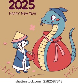 Korean New Year celebration with a blue snake family and a lucky bag for good fortune. Translation: "Wishing you a joyful and prosperous 2025