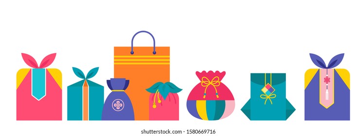 Korean New Year celebration. Greeting card and banner with colorful traditional  gift boxes