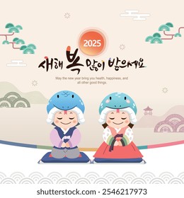 Ano Novo Coreano. Uma personagem infantil usando um chapéu em forma de cobra e um hanbok tradicional recebe o novo ano de 2025. Tradução: "Feliz Ano Novo."