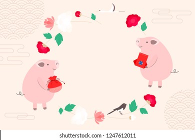 Korean new year greeting card. Cute pigs in traditional background.