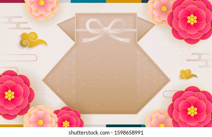 Korean New Year (Seollal Festival) traditional background vector illustration. Camellia flower frame with fortune bag paper art style