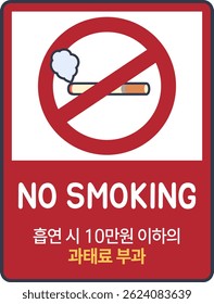 A Korean no smoking sign with a cigarette and fine notice. Flat vector style for public area or regulation design use