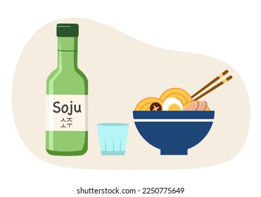 Korean noodle bowl and soju drink in flat design.