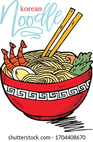  Korean noodles with kimchi and egg - Korean ramen style.Vector  illustration