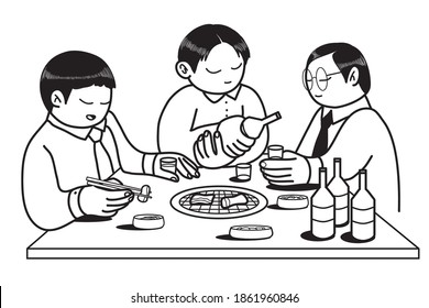 korean office workers dining together. isolated vector drawing.