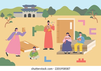 Antecedentes de la ciudad coreana. El Rey Sejong sostiene un libro haciendo Hangeul. La gente está leyendo libros. ilustración vectorial de estilo de diseño plano. Traducción: Alfabeto hangul y coreano