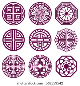 Korean ornament, asian traditional vector symbols, bathroom pattern. Round elements in traditional korean style, illustration of korean tattoo.