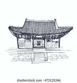 Korean palace hand drawn vector sketch illustration. Pen style.