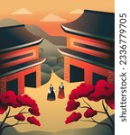 Korean palace scenery with two young women in hanboks vector illustration. Culture of South Korea poster
