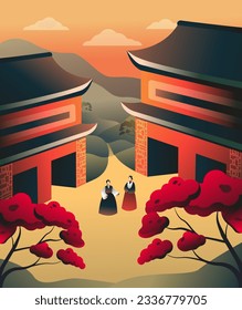 Korean palace scenery with two young women in hanboks vector illustration. Culture of South Korea poster
