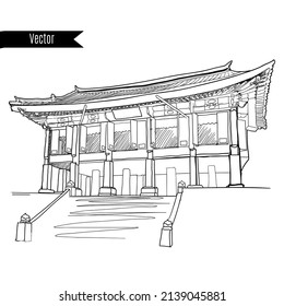 Dibujo de dibujo a mano del vector de palacio coreano. Estilo de la pluma.