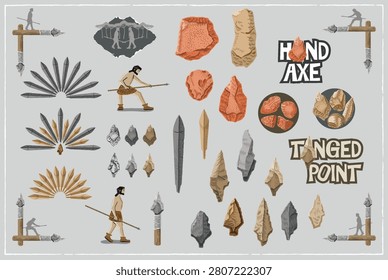 Korean Paleolithic stone age elements set. Hand axe, tanged point, primitive human vector illustrations.