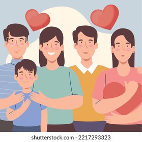 korean parents couples and son with hearts