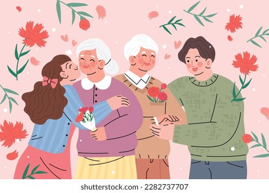 Korean parent's day celebration. vector illustration. National Parent's Day. Template, background, banner, card, poster. Parents Day, happy family, father, mother and children posing together. May 8. - Shutterstock ID 2282737707