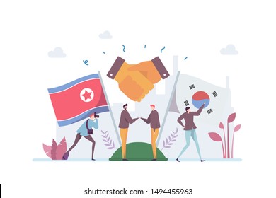 
Concepto de ilustración del vector de la paz coreano que muestra a un representante norcoreano y surcoreano estrechar la mano, adecuado para página de inicio, ui, web, tarjeta de introducción de aplicaciones, editorial, volante y pancarta.