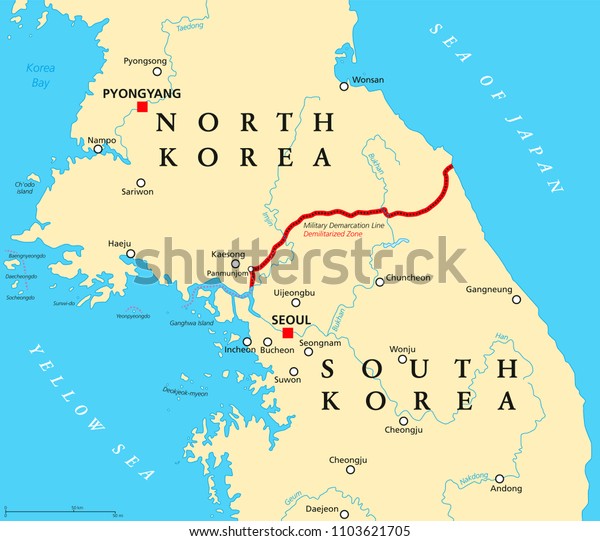 朝鮮半島 非武装地帯 政治地図 軍事境界線 首都 国境 最も重要な都市 川を持つ北朝鮮と韓国 英語の表示 イラトス ベクター画像 のベクター画像素材 ロイヤリティフリー