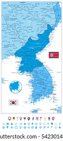 Korean Peninsula Map in colors of blue and flat navigation icons, North And South Korea Map with cities and capitals.