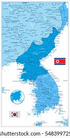 Korean Peninsula Map in colors of blue isolated on white, North And South Korea Map with cities and capitals.
