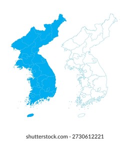 Korean Peninsula map set with bright blue silhouettes and detailed boundary line art on white background