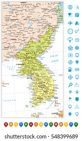 Korean Peninsula political map and map pointers with roads, railroads, water objects, cities and capitals.