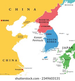 Región de la Península Coreana, mapa político de colores. Región peninsular de Corea del Sur en el Asia oriental, dividida entre Corea del Norte y Corea del Sur, fronteriza con China y Rusia y separada del Japón por el estrecho de Corea.